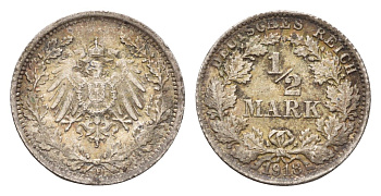 Германия 1/2 марки 1918 F KM 14, J. 17 серебро 4164-557