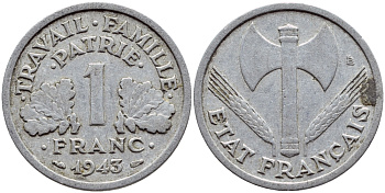 ФРАНЦИЯ 1 ФРАНК 1943 LB, ТИП LEGERE, ПРАВИТЕЛЬСТВО ВИШИ KM 902.1, LE FRANC 223.3 алюминий 4397-645