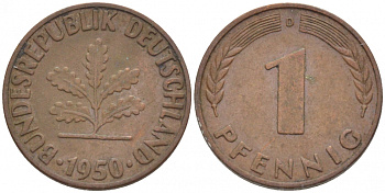 ФРГ 1 ПФЕННИГ 1950 D KM 105, J.380 сталь плакированная медью 112-926