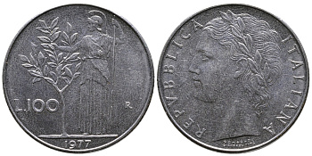 ИТАЛИЯ 100 ЛИР 1977 R , АФИНА KM 96.1 нержавеющая сталь 83-636
