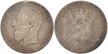БЕЛЬГИЯ 1 ФРАНК 1866 ЛЕОПОЛЬД II (1865-1909), BELGES KM 28.1 серебро 4114-954