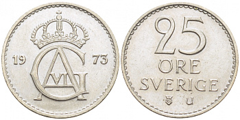 Швеция 25 эре 1973 U, Густав VI Адольф (1950-1973) KM 836 медно-никель UNC 112-1221