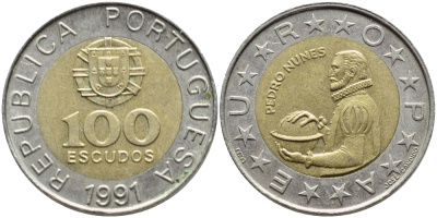 Португалия 100 эскудо 1991 Педру Нуниш (1502-1578), математик KM 645.1 биметалл 4395-952