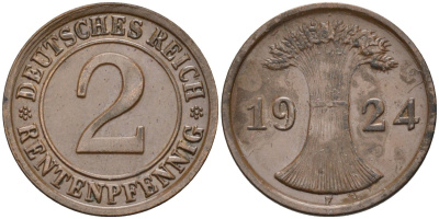 Германия 2 рентенпфеннига 1924 F KM 31, J.307, Weege 3 медь 4584-623