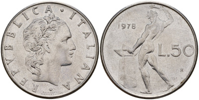 Италия 50 лир 1978 R, бог Вулкан у наковальни KM 95.1 нержавеющая сталь 4156-741