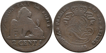 БЕЛЬГИЯ 2 САНТИМА 1858 BELGES KM 4.2 медь 95-644