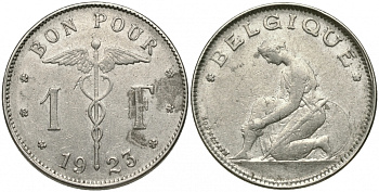 Бельгия 1 франк 1923 Belgique, Альберт I (1909-1934) KM 89 никель 51-1921