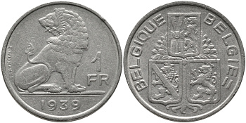 Бельгия 1 франк 1939 Леопольд III (1934-1950), Belgique-Belgie, лев KM 119 никель 83-1054