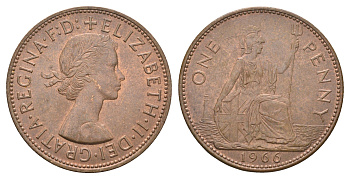 Великобритания 1 пенни 1966 Елизавета II (1952-2022) KM 897, Spink 4157 бронза 4661-935