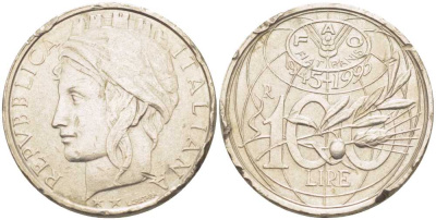 ИТАЛИЯ 100 ЛИР 1995 R, 50 ЛЕТ FAO KM 180 медно-никель 119-145