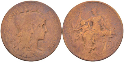 ФРАНЦИЯ 5 САНТИМОВ 1898 ТИП ДАНИЭЛЬ ДЮПЮИ KM 842, LE FRANC 119.5 бронза 4545-914