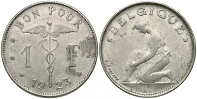 Бельгия 1 франк 1923 Belgique, Альберт I (1909-1934) KM 89 никель 51-1921