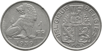 Бельгия 1 франк 1939 Леопольд III (1934-1950), Belgique-Belgie, лев KM 119 никель 83-1054