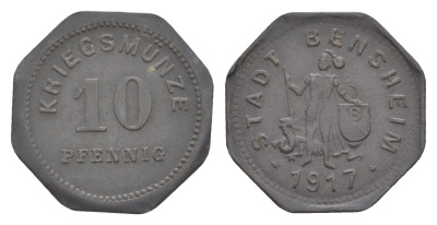 Бенсхайм 10 пфеннигов 1917 Funck 34.3, Men05 1739.4, Men18 2245.4 цинк 4643-959