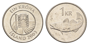 Исландия 1 крона 2003 треска KM 27a сталь плакированная никелем UNC 4687-856