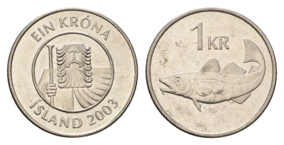 Исландия 1 крона 2003 треска KM 27a сталь плакированная никелем UNC 4687-856
