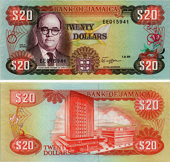 Ямайка 20 долларов 1989 Ноэл Ньютон Нетерсол, здание Центрального банка Pick 72c бумага UNC (пресс) 7457-43-2-2