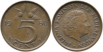 Нидерланды 5 центов 1980 Юлиана (1948-1980) KM 181 бронза 65-1237