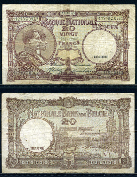 Бельгия 20 франков 1945 20.02.1945, Король Альберт I и его жена Королева Елизавета, Гран-Плас / Гроте Маркт, Брюссель Pick 111 (3) бумага 6301-14-3-1