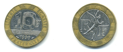 Франция 10 франков 1990 тип Гений Бастилии KM 964.1, Le Frank 375.5 биметалл 176-1217