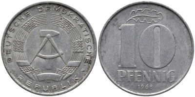 ГДР 10 пфеннигов 1968 А KM 10 алюминий 33-324