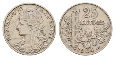 Франция 25 сантимов 1904 KM 856 никель 3856-256