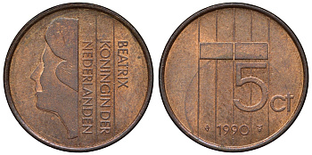 Нидерланды 5 центов 1990 Беатрикс KM 202 бронза 71-168