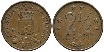 Нидерландские Антилы 2 1/2 цента 1971 Юлиана (1948-1980) KM 9 бронза 4579-917