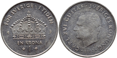 Швеция 1 крона 2002 Карл XVI Густав (1973- ) KM 894 медно-никель 4110-935