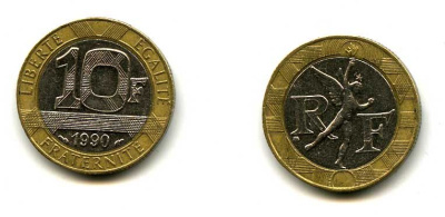 Франция 10 франков 1990 тип Гений Бастилии KM 964.1, Le Frank 375.5 биметалл 37-125