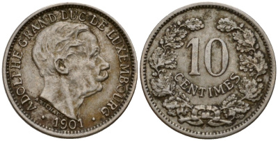 Люксембург 10 сантимов 1901 Адольф (1890-1905) KM 25 медно-никель 4602-443