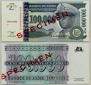 Заир 100000 новых заиров 1996 Мобуту Сесе Секо в военной форме, голубая. Образец, Specimen Pick 76A s бумага UNC (пресс) 6279-30-2-1