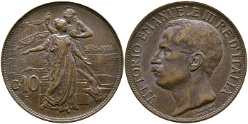 Италия 10 чентезимо 1911 50 лет Королевству Италия (1861-1911) KM 51 бронза 413-3741