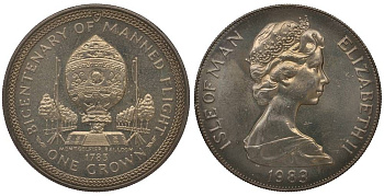 ОСТРОВ МЭН 1 КРОНА 1983 СЕРИЯ 200 ЛЕТ ПИЛОТИРУЕМОМУ ПОЛЕТУ, ВОЗДУШНЫЙ ШАР БРАТЬЕВ МОНГОЛЬФЬЕР KM 103 медно-никель UNC 1078-1-31