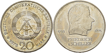 ГДР 20 марок 1972 А, Фридрих Шиллер (1759-1805) KM 40 медно-никель 82-1111