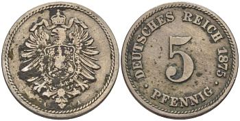 ГЕРМАНИЯ 5 ПФЕННИГОВ 1875 А, СТАРОГЕРБОВКА KM 3, J.3 медно-никель 100-321