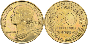 Франция 20 сантимов 1989 тип Marianne KM 930 медь алюминий никель    4177-135