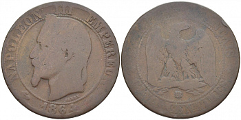 ФРАНЦИЯ 5 САНТИМОВ 1864 BB, НАПОЛЕОН III (1852-1870) KM 797.2, LE FRANC 117.12 бронза 4448-134