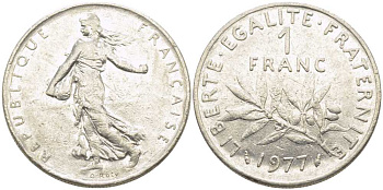 ФРАНЦИЯ 1 ФРАНК 1977 СЕЯТЕЛЬ KM 925.1, LE FRANC 226.22 никель 175-545