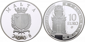 Мальта 10 евро 2008 Оберж де Кастиль, Кастильское подворье, резиденция премьер-министра в Валлетте KM 137 серебро PROOF 1071-10-12