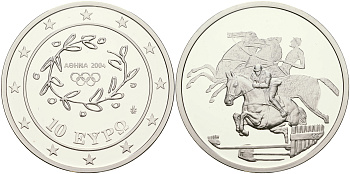 Греция 10 евро 2003 XXVIII летние Олимпийские игры 2004 года в Афинах, конный спорт, конкур KM 197 серебро PROOF 06-256-22