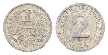 Австрия 2 гроша 1987 редкий год KM 2876 алюминий 4564-1121