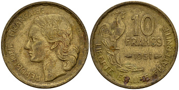 Франция 10 франков 1951 B, петух KM 915.2, Le Franc 363.5 алюминиевая бронза 4159-915