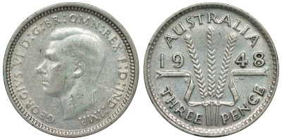 Австралия 3 пенса 1948 m, Георг VI (1937-1952), без букв KM 37a серебро 71-225