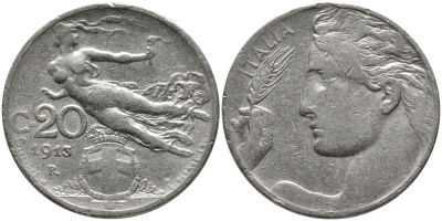 Италия 20 чентезимо 1913 R, Виктор Эммануил III (1900-1946) KM 44 никель 75-751