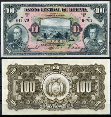 Боливия 100 боливиано 1928 серия E, Симон Боливар и Антонио Хосе Сукре Pick 125 a (5)  бумага  UNC (пресс) 451-47-1