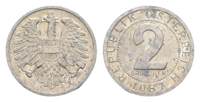 Австрия 2 гроша 1987 редкий год KM 2876 алюминий 4564-1121