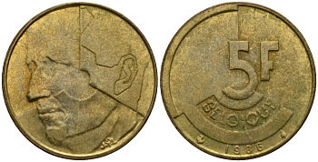 Бельгия 5 франков 1986 Belgique, Бодуэн I (1951-1993) KM 163 алюминиевая бронза 4601-132