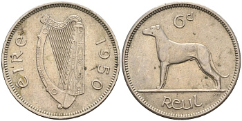 Ирландия 6 пенсов 1950 ирландский волкодав KM 13a медно-никель 4132-333