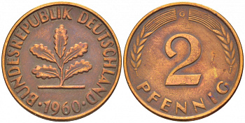 ФРГ 2 ПФЕННИГА 1960 G KM 106, J. 381 бронза 4396-1552